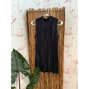 Vintage 90s Y2K Black Glitter Sleeveless High Neck Mini Dress Size 12 Petite